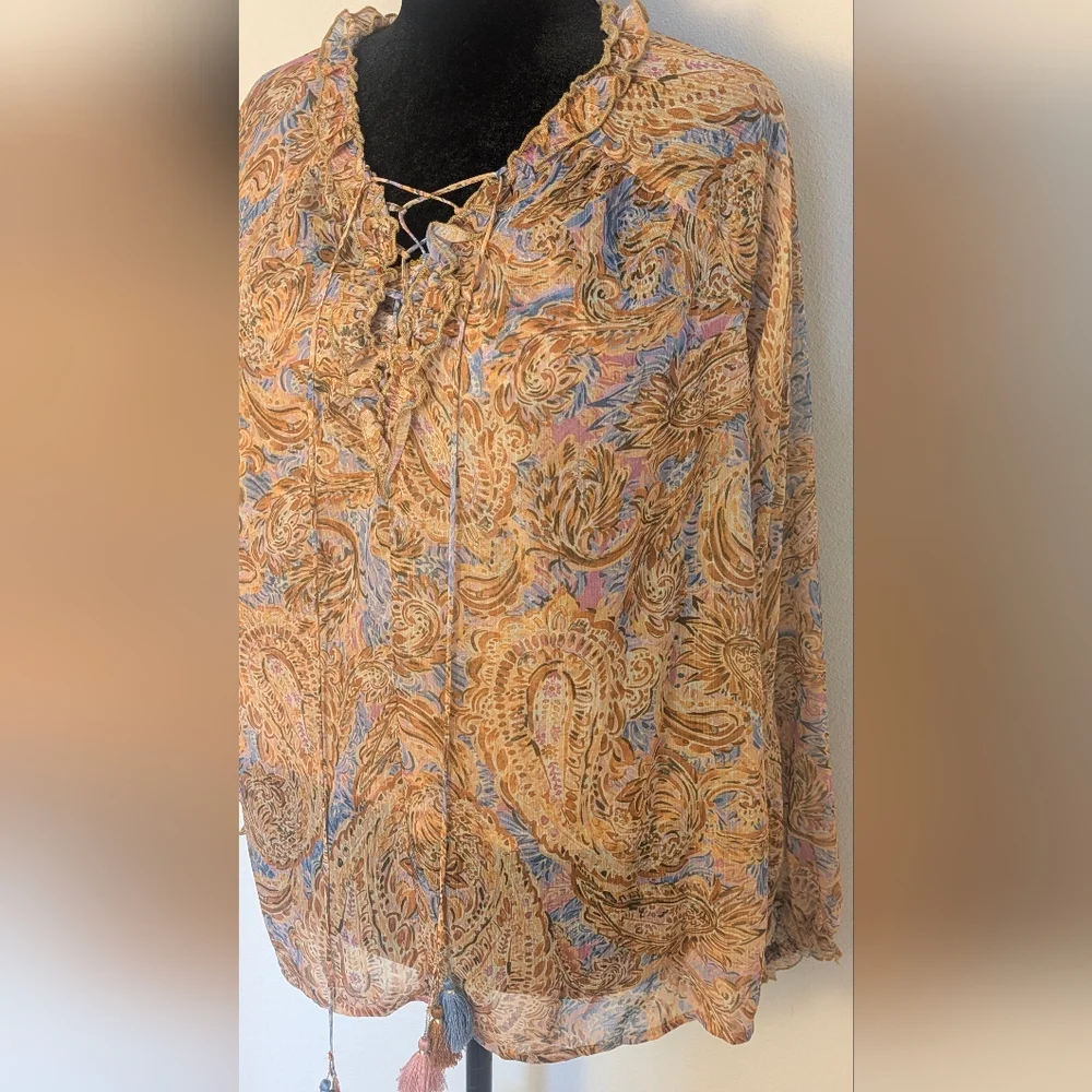 Democracy Womens Yellow Brown Paisley Sheer Peasant Top + Blouse Size L $88 EUC - Picture 4 of 13